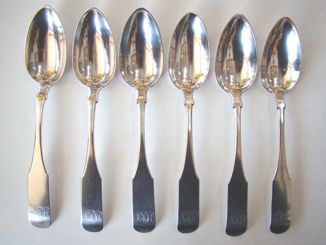An outstanding set of 6 Silver Tablespoons by Joseph Foster of Boston circa 1790-1795